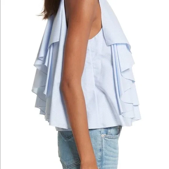 CAROLINE CONSTAS Like New Adrie Striped Ruffle Blouse L Blue White Sleeveless - Picture 3 of 14